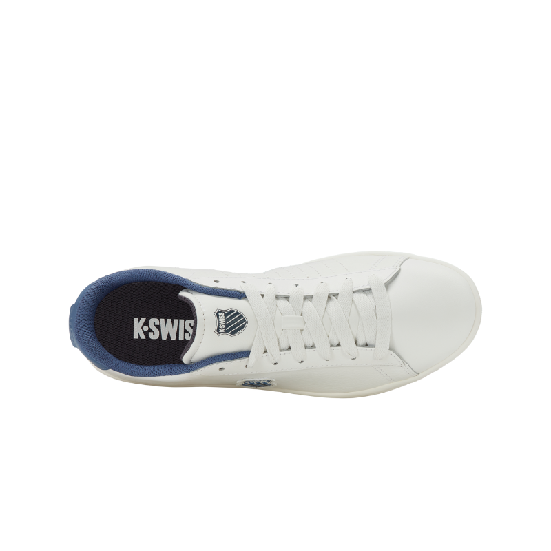 K-Swiss Court Shield II sneaker in White and Blue Horizon - overhead insole view showing blue footbed with K-Swiss branding