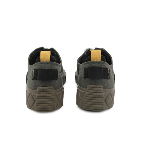 Palladium Ace City Shell in Olive Night Green - rear pair view showing heel branding, yellow pull tab and diamond lug outsole