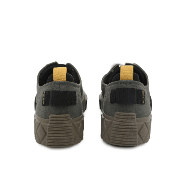 Palladium Ace City Shell in Olive Night Green - rear pair view showing heel branding, yellow pull tab and diamond lug outsole