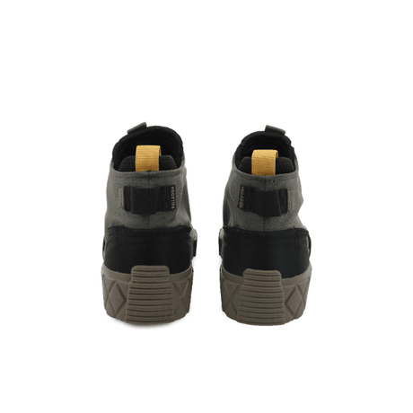 Ace City Shell Chukka Olive Night boots – rear view of both boots with yellow pull tab and black heel counter