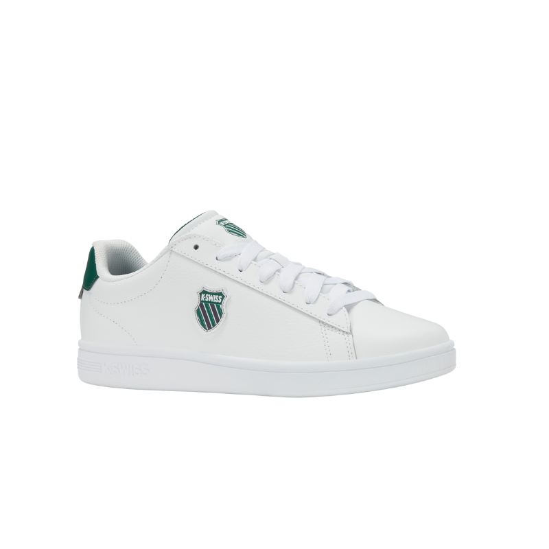 K-Swiss Court Shield II in White and Naval Academy – 3/4 front angle view showing K-Swiss shield badge on low-top sneaker