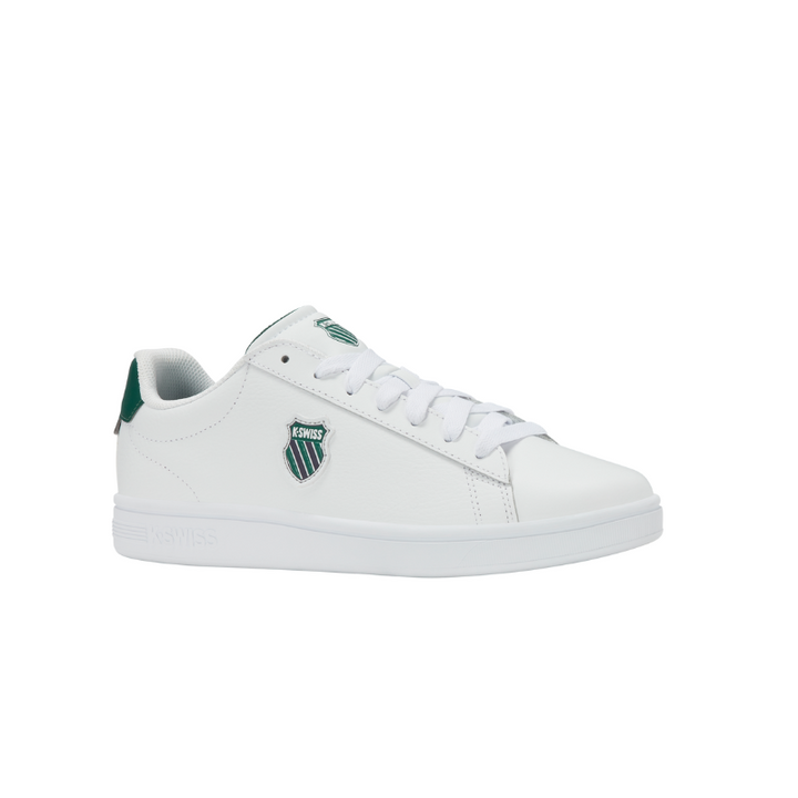 K-Swiss Court Shield II in White and Naval Academy – 3/4 front angle view showing K-Swiss shield badge on low-top sneaker