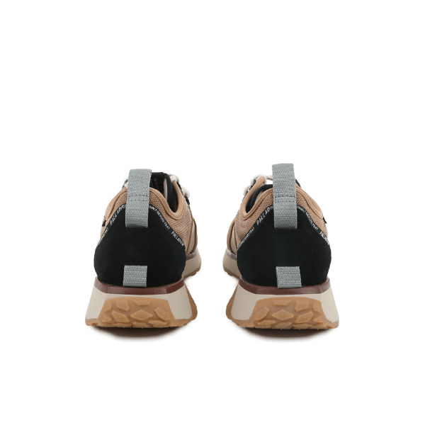 Palladium Troop Runner in Dear Brown and Safari - rear pair view showing grey heel pull tab, Palladium branding and textured outsole