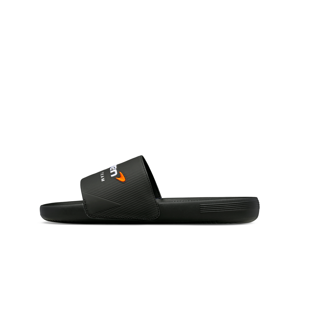 K-Swiss x McLaren Black Slide Sandal with Orange Logo - Side Profile