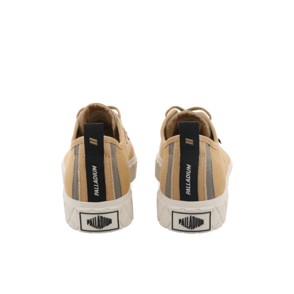 Palladium Palla Ace HTG Supply Woodlin sneaker pair – rear view showing Palladium branding on back tab, tan canvas upper and white rubber outsole