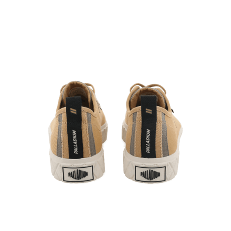 Palladium Palla Ace HTG Supply Woodlin sneaker pair – rear view showing Palladium branding on back tab, tan canvas upper and white rubber outsole