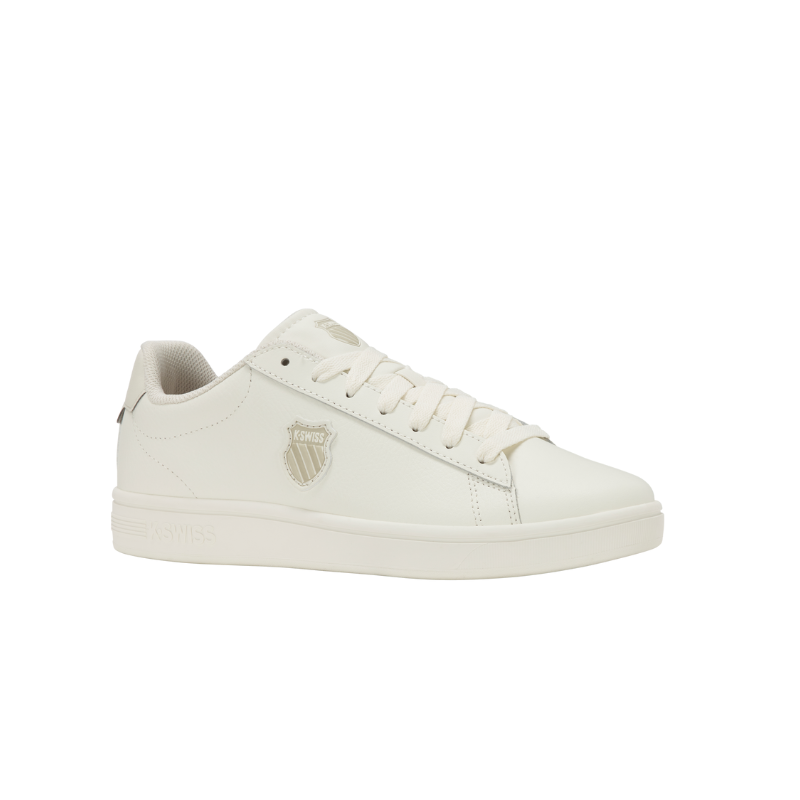 K-Swiss Court Shield II sneaker in Snow White and Light Grey - 3/4 front angle view of low-top court shoe with tonal stitching