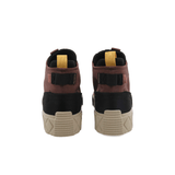 Palladium Ace City Shell Chukka Racoon sneaker pair – rear view showing yellow tongue detail, brown upper, black ankle panel and beige outsole