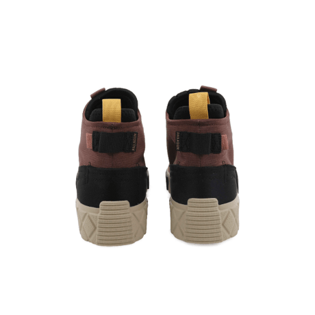 Palladium Ace City Shell Chukka Racoon sneaker pair – rear view showing yellow tongue detail, brown upper, black ankle panel and beige outsole