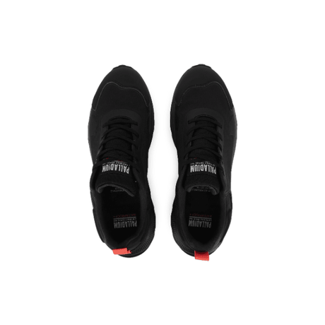 Palladium Offrunner WP+ Black waterproof sneaker pair – overhead view showing Palladium branding, black upper, lace-up design and red heel tab