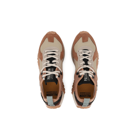 Palladium Troop Runner in Dear Brown and Safari - overhead pair view showing recycled honeycomb lining, Palladium insole branding and speed hooks