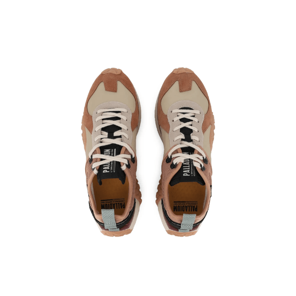 Palladium Troop Runner in Dear Brown and Safari - overhead pair view showing recycled honeycomb lining, Palladium insole branding and speed hooks