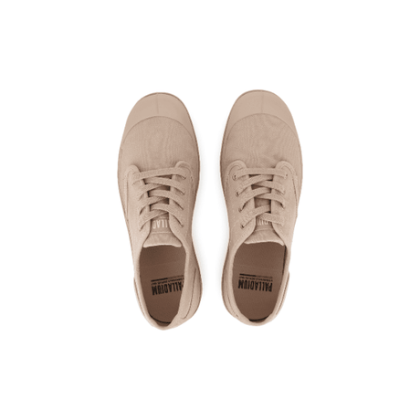 Palladium Pampa Oxford Pilat sneaker pair – overhead view showing washed beige canvas upper, tonal lacing, Palladium insole branding and round toe