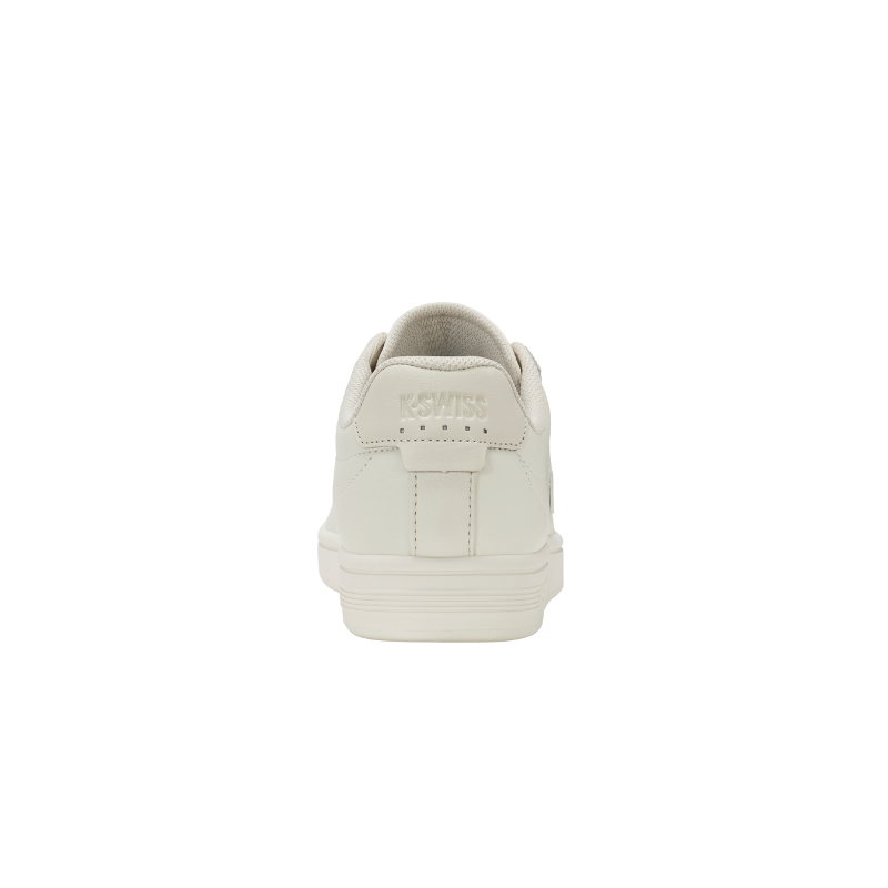 K-Swiss Court Shield II sneaker in Snow White and Light Grey - rear heel view with tonal K-Swiss lettering on heel counter