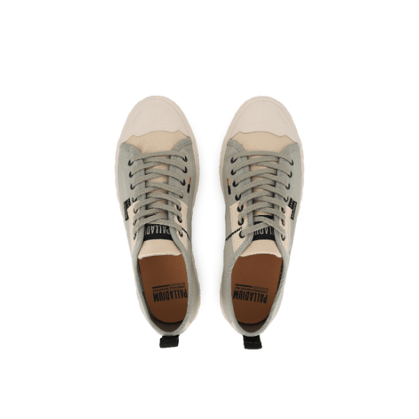 Palladium Palla Ace HTG Supply Abbey Stone - overhead pair view displaying canvas upper, lace-up detail, Palladium tongue branding and back pull tab