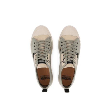 Palladium Palla Ace HTG Supply Abbey Stone - overhead pair view displaying canvas upper, lace-up detail, Palladium tongue branding and back pull tab