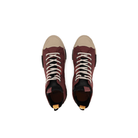 Palladium Ace City Shell Chukka Racoon sneaker pair – overhead view showing brown micro ripstop upper, beige toe cap, white laces and yellow tongue