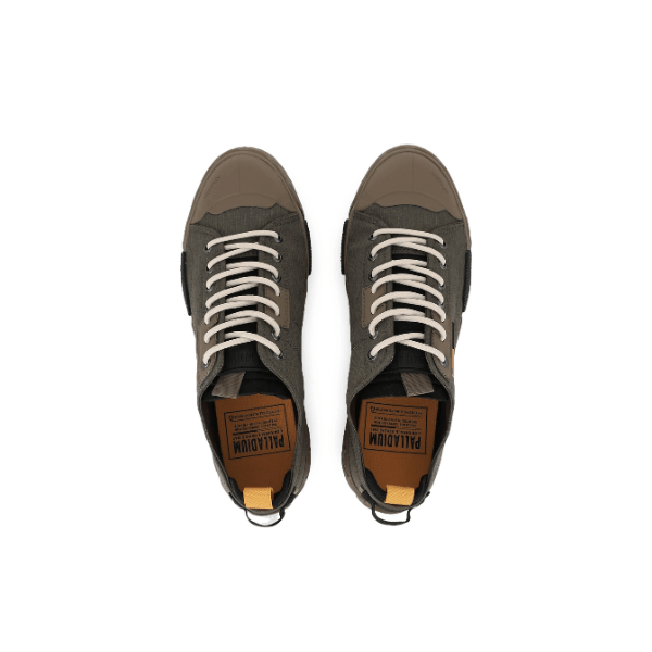 Palladium Ace City Shell in Olive Night Green - overhead pair view showing ripstop upper, Palladium branding insole and lace-up construction