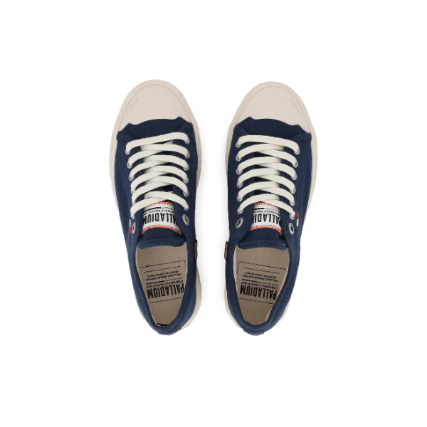 Palladium Palla Ace Washed CVS in Mood Indigo - overhead pair view showing stone-washed canvas, Palladium insole branding and lace-up detail