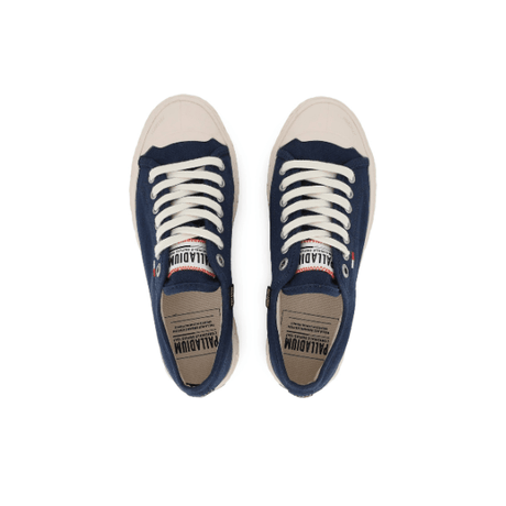 Palladium Palla Ace Washed CVS in Mood Indigo - overhead pair view showing stone-washed canvas, Palladium insole branding and lace-up detail