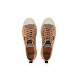 Palladium Palla Ace HTG Supply Woodlin sneaker pair – overhead view showing grey toe cap, tan canvas upper and lace-up closure