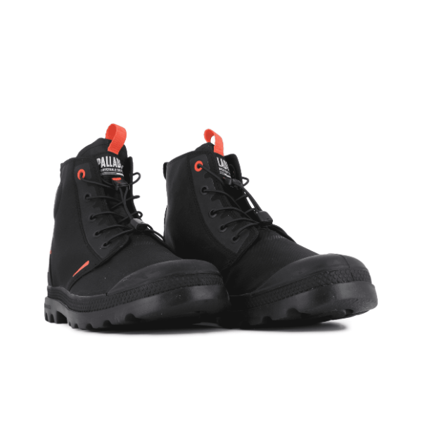 Palladium PAMPA Lite Journey Boot Black – pair view showing sleek all-black silhouette with orange pull tab