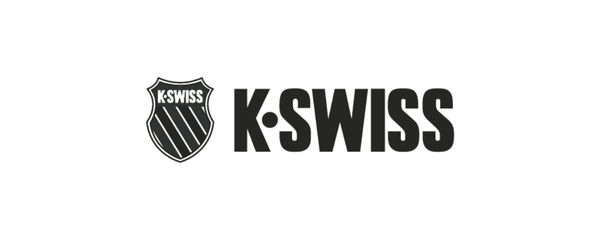 K-Swiss logo on a white background, featuring a black shield emblem with white lettering and the word K-SWISS in bold black text.