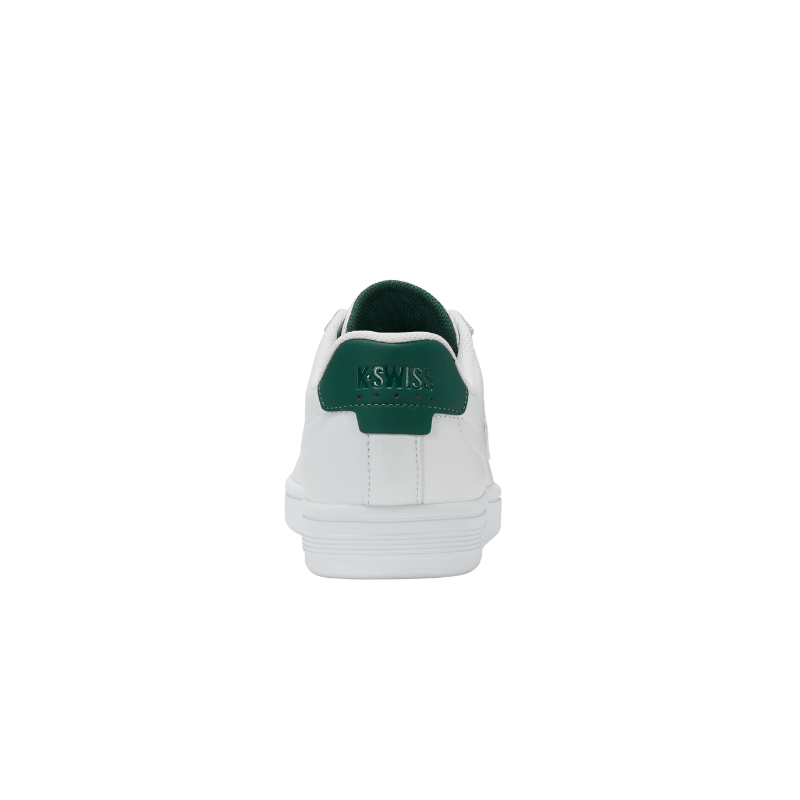 K-Swiss Court Shield II White Navy – rear heel view with navy green heel tab and K-Swiss branding on white court sneaker