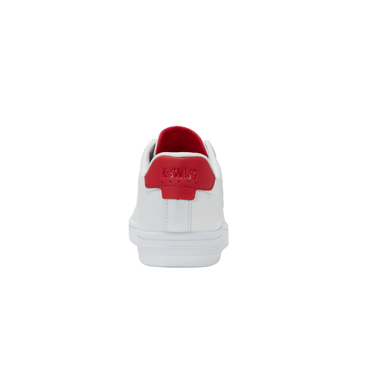 K-Swiss Court Shield II sneaker in White and Mars Red - rear heel view showing Mars Red heel tab and K-Swiss branding