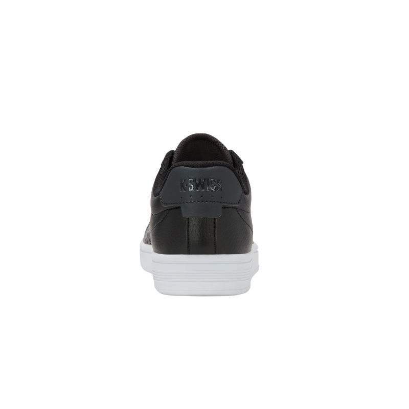 K-Swiss Court Shield II sneaker in Black and White - rear heel view with K-Swiss lettering on black heel counter and white sole