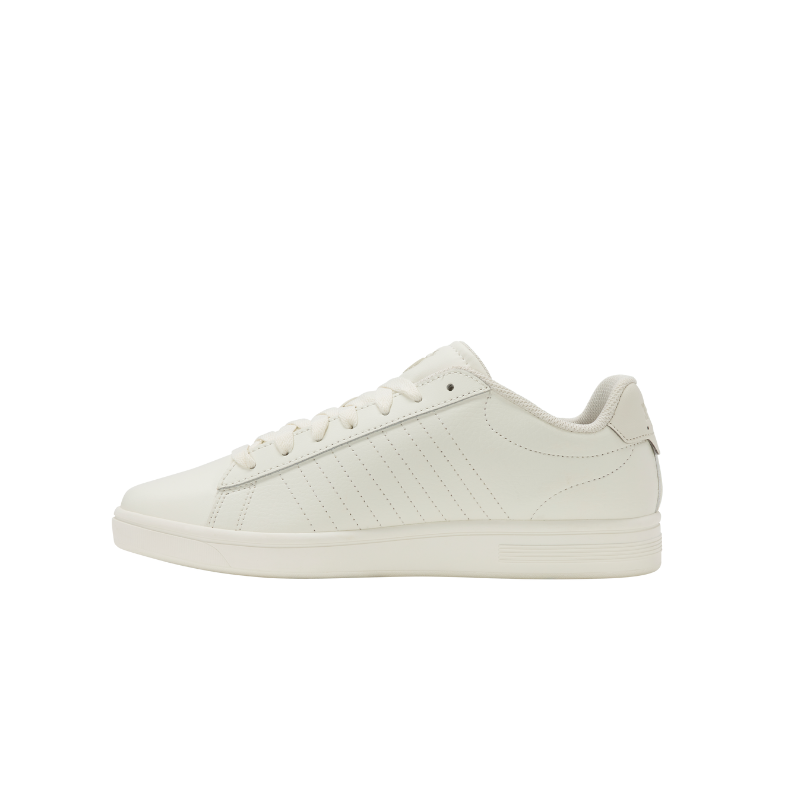 aK-Swiss Court Shield II sneaker in Snow White and Light Grey - top-down side view showing 5-stripe stitching detail on low-top silhouette