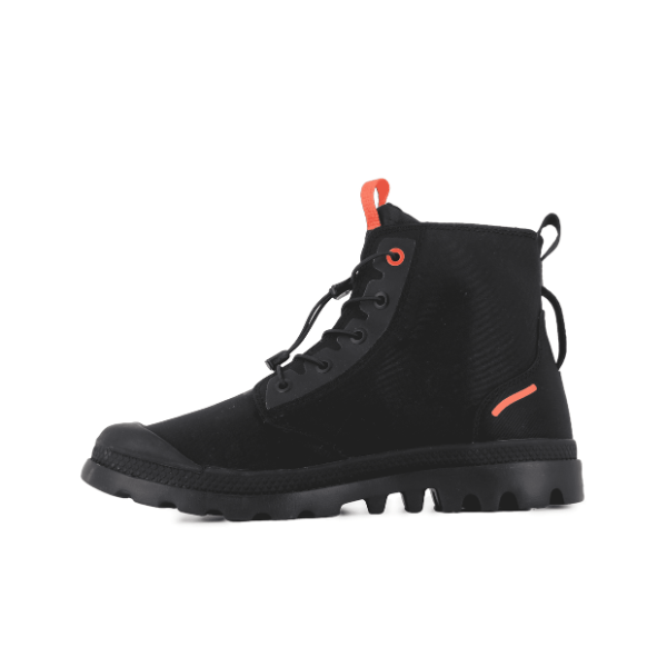 Palladium PAMPA Lite Journey Boot Black – rear view showing lightweight construction and orange accent details