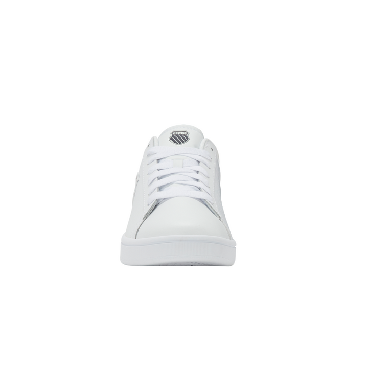 K-Swiss Court Shield II sneaker in White and Mars Red - front-on view of low-top court shoe with rounded toe-box and K-Swiss badge