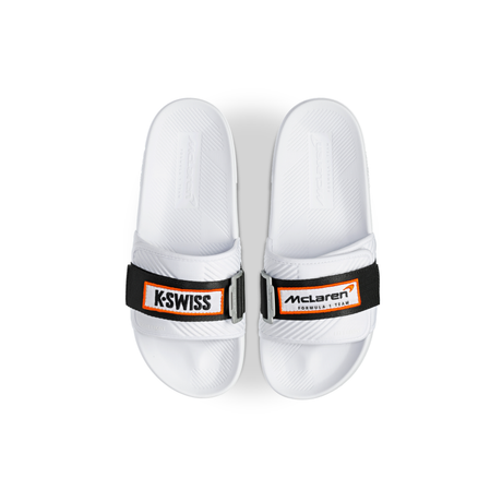 K-Swiss x McLaren Strap Sandals White Black - Top Down View Showing K-Swiss and McLaren Branding