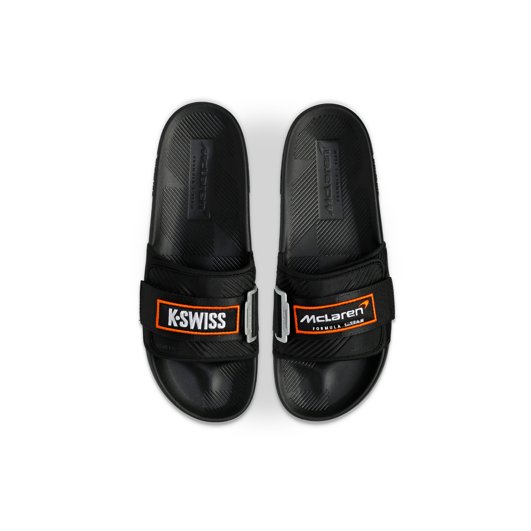 K-Swiss Strap Sandal X McLaren Black Papaya - Top View Pair with K-Swiss and McLaren Formula 1 Logos