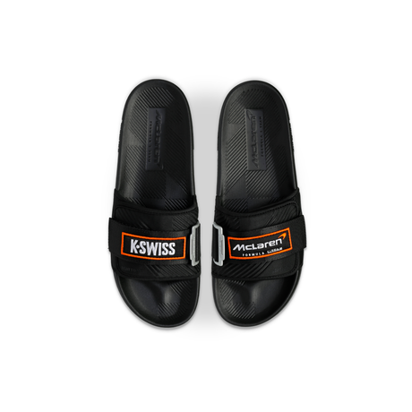 K-Swiss Strap Sandal X McLaren Black Papaya - Top View Pair with K-Swiss and McLaren Formula 1 Logos