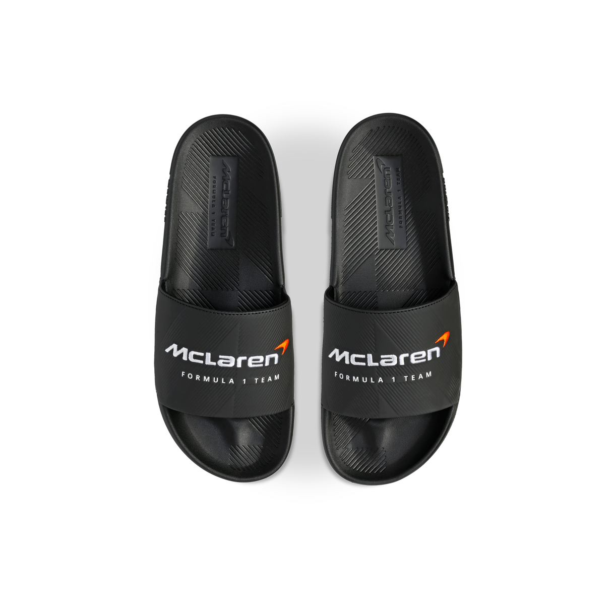 K-Swiss x McLaren Black Slide Sandals - Top View Pair McLaren Formula 1 Team Branding | K98717-BLK
