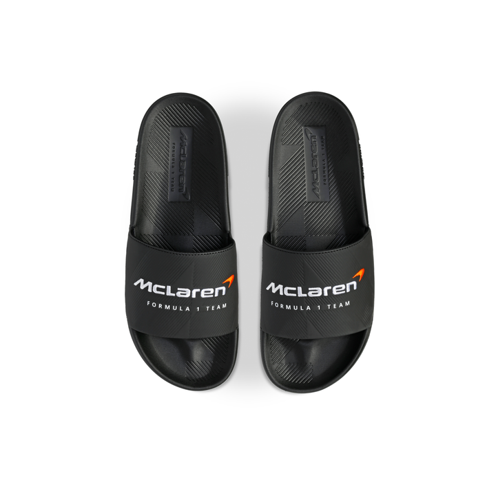 K-Swiss x McLaren Black Slide Sandals - Top View Pair McLaren Formula 1 Team Branding | K98717-BLK