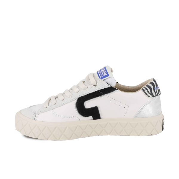 Palladium Ace Lo Mix Leather sneaker in Star White / Zebra - opposite side view showing zebra print heel tab