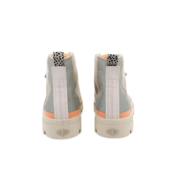 Palladium Pampa Hi Urban Layer boots in Pilat - pair back view showing orange heel tab and leopard print detail