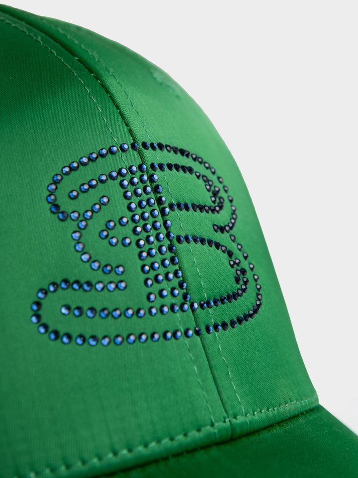 Ben Sherman B Bling Cap in Green - close-up detail of sparkling rhinestone B logo embellishment on green structured cap panel