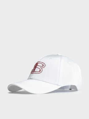 Ben Sherman B Bling Cap in White - side angle view showing rhinestone B logo embellishment on front panel with adjustable back strap