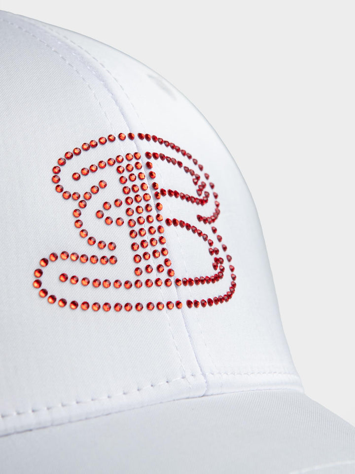 Ben Sherman B Bling Cap in White - close-up detail of sparkling rhinestone B logo embellishment on white structured cap panel