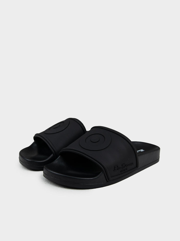 Ben Sherman Target Embossed Slides – Black Pair with Embossed Target Strap