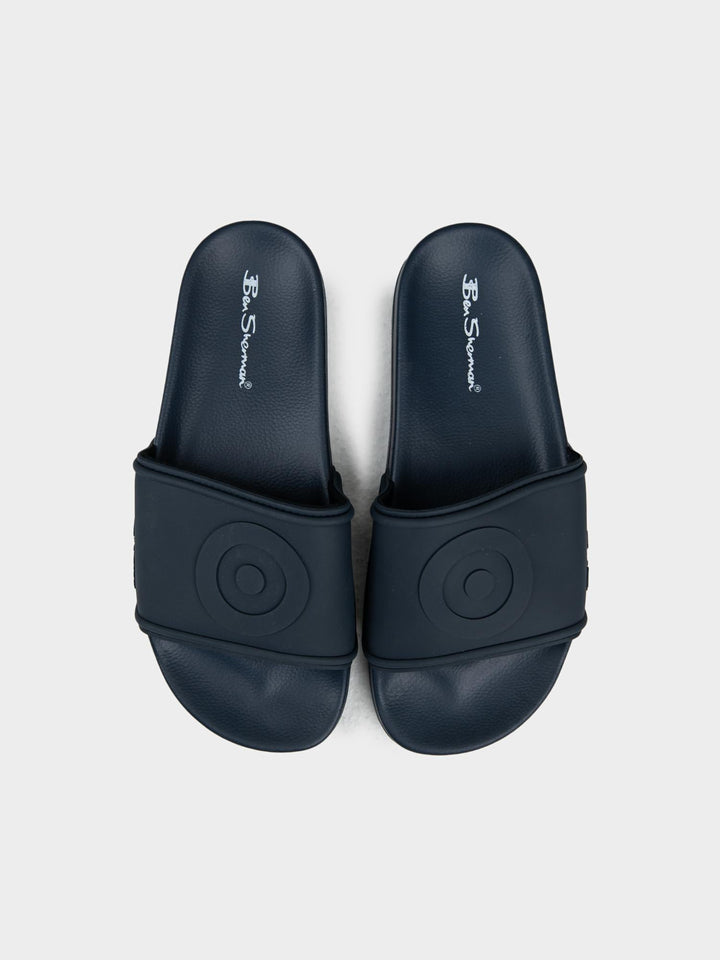 Ben Sherman Navy Blue Target Embossed Slides – Top View Showing Target Circle Detail