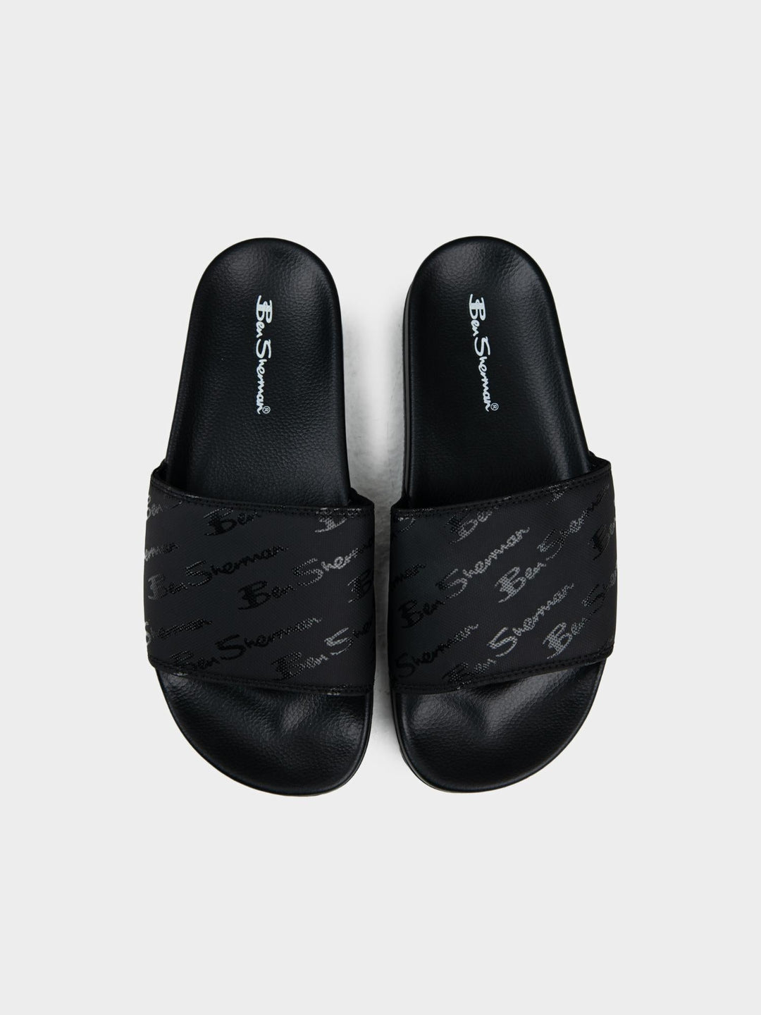 Ben Sherman Black Slides – Top View of All Over Script Print Strap