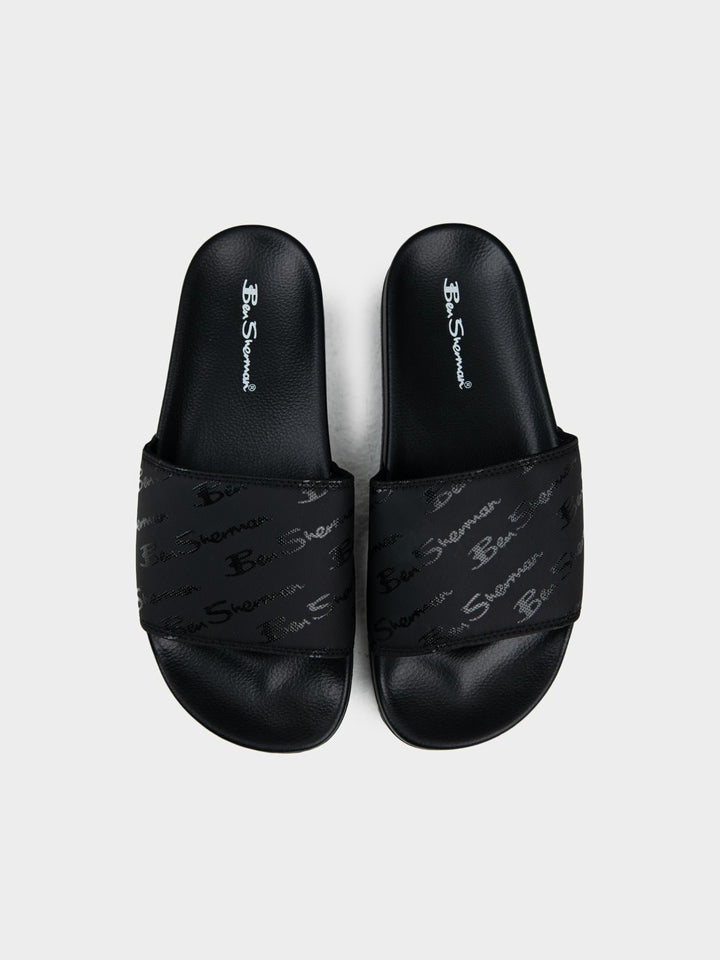 Ben Sherman Black Slides – Top View of All Over Script Print Strap