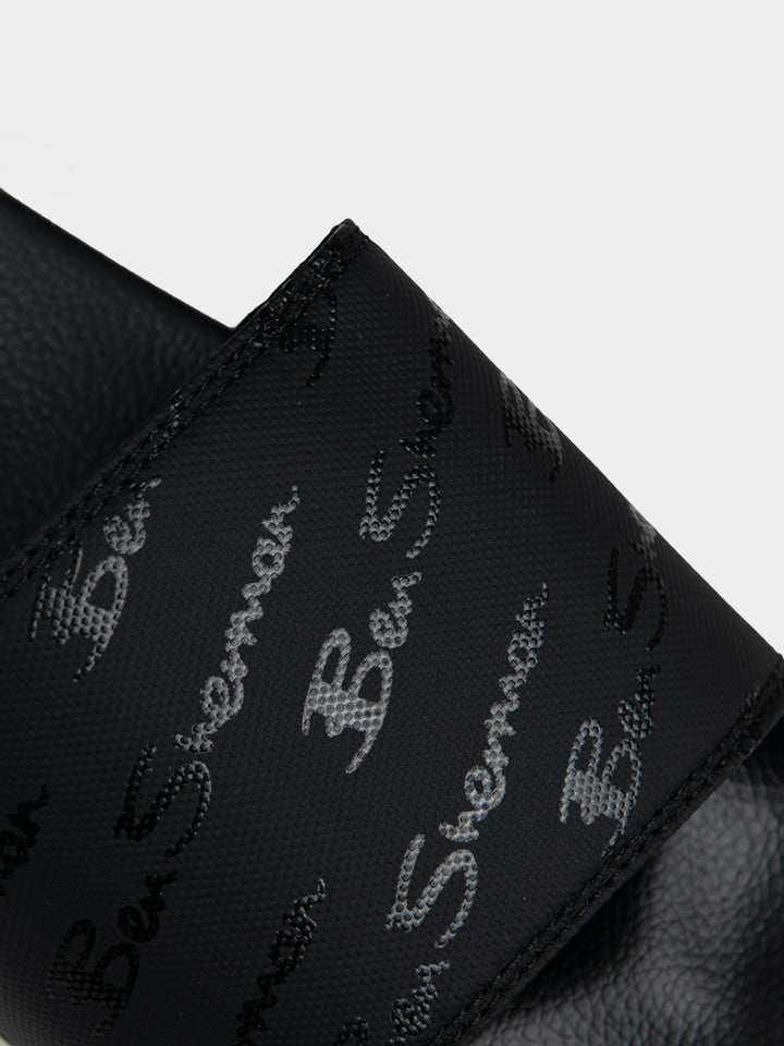 Ben Sherman All Over Script Print Close-Up – Black Slide Strap Detail