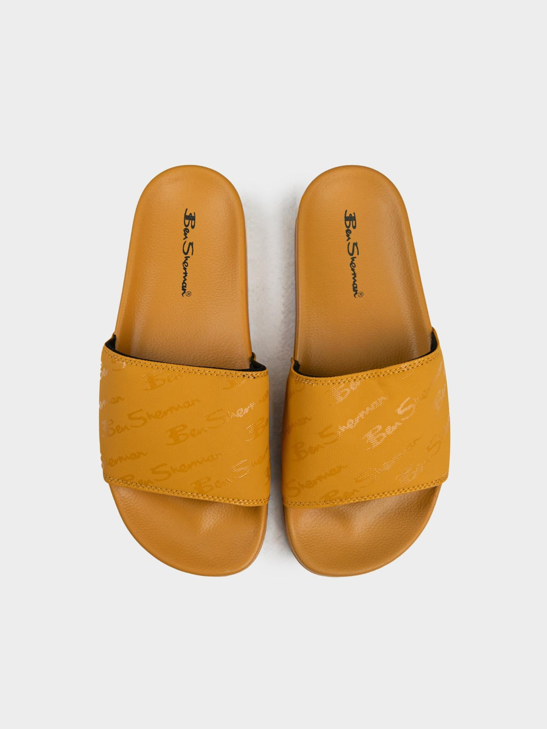 Ben Sherman Dijon Yellow Slides – Top View of All Over Script Print Strap