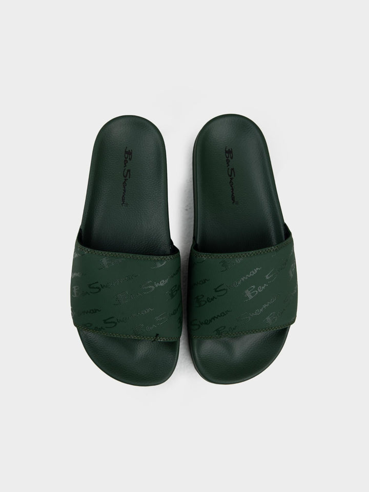 Ben Sherman Olive Green Slides – Top View of All Over Script Print Strap
